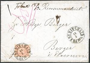 9. 8 skill på komplett rekommandert brev, fullstemplet "Frederikshald 18.3.1864" og ved siden håndskrevet "Frhald 18/3" i øvre kant. Transittstemplet "Christiania 19.3.1864", og sendt til Berger i Elverum.