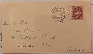JERNBANE, kort pent stemplet "Vossebanens Postexp" i 1902, sendt England.