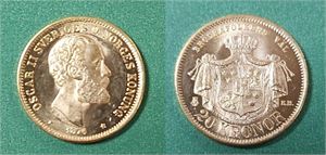 SVERIGE OSCAR II 20 kr 1876 8.96gr, 0.90 guld, fin! (Kv 01)