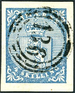 1. 4 skilling våpen 1855, anert med nummerstempel "136" (Hønefos, BU). Gode marger.