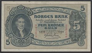 5 Kroner 1938 R Kv 0-. Små rustflekker*