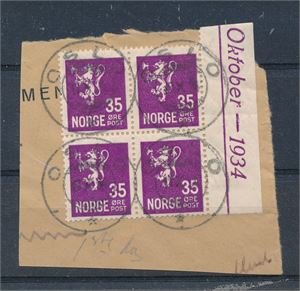 "FDC" Nk 150 35øre fiolett  i 4-blokk på klipp fra Frimerkeforvalteren. Nk oppgir 1. dag 16/10-34, dette er stemplet 17/10-34. HK oppgir ikke pris på FDC for dette merket. Selges as-is