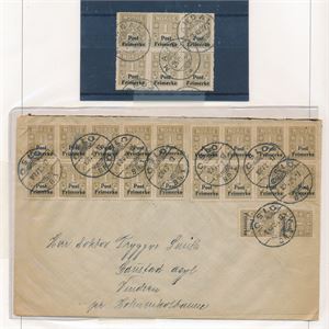 Brev med 20 stk Nk 163 stemplet "OSLO BR I 15 IV 26", 6-blokk Nk 163 stemplet "MANDAL 25 III 29" og brevforside med Nk 194 x2 og Nk 198 x5 stemplet "KRISTIANSAND S BK. 1 XII 39"