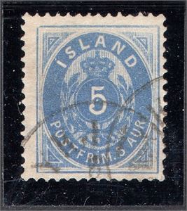 ISLAND 1876-1901 F9 5 aur blå, intyg L. Nielsen, "genuine and without repairs". (F 8 500:-)