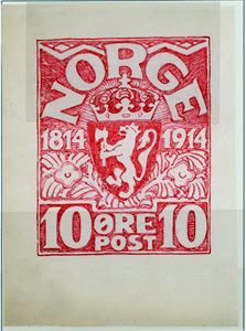 Frimerkeforslag til Eidsvoldjubileet 1914. To frimerkeforslag utført av Domenico Erdmann, det ene i 3 ulike størrelser og det andre i to.