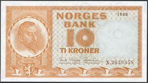 10 kroner 1968, serie X.2639358. Erstatningsseddel. 0