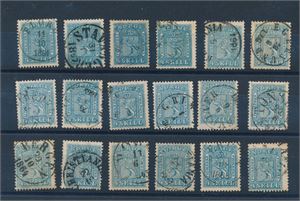 Nk 8 o. Plansje med 18 merker i ok kvalitet. Et par penere enn de andre