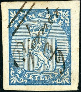1. 4 skilling Våpen 1855, annullert med håndskrevet "Bjørnør 3/9" (ST). Meget brede marger. Pos. A 28. Attest FCM.