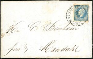 4. 4 skilling Oscar på komplett brev, datert "Stavanger 2. September 1863", stemplet "Dampskibet Bergen" der datoen er skrevet med blekk. Noen aldersflekker.