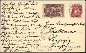 100,Spitsbergen E 24. 10 øre posthorn på postkort, stemplet "Hammerfest 20.8.13" og ved siden påsatt en 5 øre Spitsbergen-etikett, stemplet "Magdalenen Bay Spidsbergen 15. Aug. 1913".