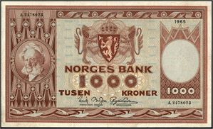 1000 kroner 1965, serie A.2478023. 1-