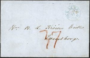 Komplett brev, stemplet "Porsgrund 11.12.1851" og sendt til Svendborg, Danmark. Satt i porto med 37 Rbs. (24 sk.sp. = 36 Rbs. + 1 Rbs. behandlingsgebyr).