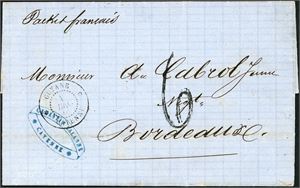 DWI. A complete letter from Cayenne, French Guiana to Bordaux, France with "Guyane Cayenne 1 Dec 66" postmark an French postage number "6" at front. On reverse three postmarks: "Ligne C 2 Dec 66" and "Ligne-A. 14 Dec 66" and arrival postmark "Bordeaux 29 Dec 66".