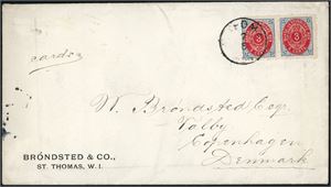 6 y. DWI. 3 c bicoloured (print VIII with inverted frame) in a horizontal pair on envelope (hopefully with a printed matter), one stamps are cancelled "St. Thomas 2.5". The other could be used one more time since the letter was overfranked. Handwritten "Cards" on the left side. Arrival postmark at reverse.