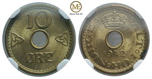 10 øre 1942 Haakon VII. London utg. Gradert til MS65 hos NGC. Kv.0