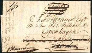 A complete letter from St. Thomas to Copenhagen, forwardes to London, and sent London via Hamburg to Deanmark. On reverse a oval mark from the Forwarding agent "Sillem, London" together with "Packetletter" and a british "10 No 10 1834".