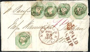 55. 5/- postage to U.S.A. Five copies of 1/- embossed on entire cancelled with number "466" and "Liverpool F.R.H. De 151855 A" at reverse, and then sent to Boston. Three postmarks "Paid Ship", "84 cents" and "New York Dec 29 1855" beside the stamps. A quite heavy vertical crease goes through the upper left stamp. Four stamps with margins, one are cut in on top and bottom. The entire have some remarks .