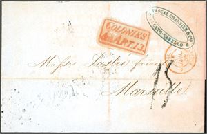 An entire from Puerto Cabello, Venezuela to Marseille, with "Colonies &c. Art.13." postmark, "Angl. Calais 18 Juil 52", both in red and french postagenumber "15" (Decimes) on front. On reverse three postmnarks: "Porto-Cabello", "CD 11 Jy 11" and "Marseille". The paper are some red.
