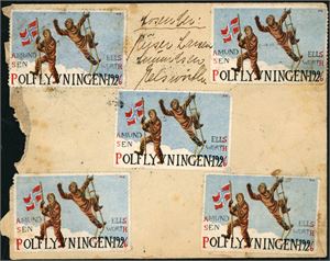 122. 20 øre Løve on a some damaged envelope, cancelled "20.9.26". On reverse it is 5 labels from "Amundsen Ellsworth Polflyvningen 1926" and handwritten the senders name: "Avsender: Riiser Larsen, Amundsen, Elsworth".
