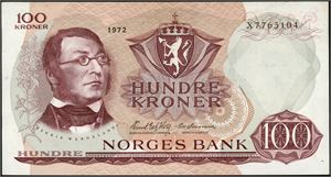 100 kr 1972, serie X 7763104. Erstatningsseddel. Litt bulkete, men uten bretter. 0/01