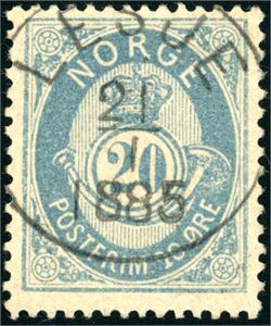 40 Ib. 20 øre blå 1883, rettvendt fullstemplet "Lesje 21.1.1885". Attest FCM.