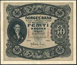 50 kroner 1941, serie C.2874514. To små brune flekker over "ES" i "Norges bank". 1
