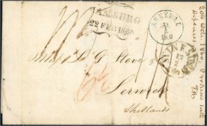Ufrankert brev, stemplet "Arendal 19.2.1860" og sendt til Lerwick på Shetland. Forsiden er også stemplet "Svinesund 17.2.1860" og "Hamburg 22 Feb 1860". Baksiden med "Hamburg", "London", "Aberdeen" og ankomststempel.