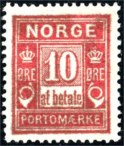 P 3 c. 10 øre "at betale" fra Centraltrykkeriet i brunligrød farge på "oljet" papir. (6.750,-).