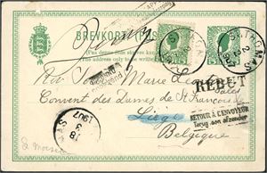 DWI. BK 11. 5 BIT stationarycard upfranked with one 5 BIT, cancelled "St. Thomas 2.2.1907" and sent to Belgium. In Belgium the card have got several postmarks "Rebut" and "Retour".