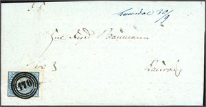 1. 4 skilling våpen 1855 på brevomslag, anert med nummerstempel "170" (VF, 8 pkt) og ved siden håndskrevet "Laurdal 30/9". Merket med gode marger. Attest Aune.