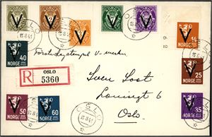 261--287. 11 ulike V-merker på rekommandert konvolutt, stemplet "Oslo 15.8.41". (7.200,-).