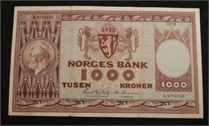 1000 kroner 1972 Norge 1- A4784143, rifter og hull i brett