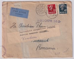 NK 246 og 250, Brev til Romania st. Vindern 18-8-44 , Flypost.  Sensur og påført "RETOUR 14.9"  "Postverkehr eingestellt zurück!"