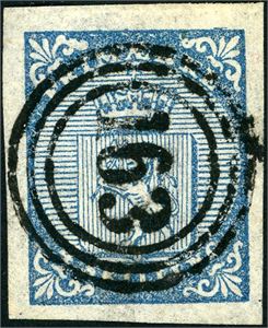 1. 4 skilling Våpen 1855, annullert med nummerstempel "163" (Kvam, OP, 7 pkt). Gode- til normale marger. Pos. D 49.