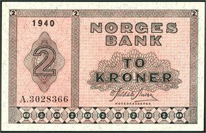 2 kroner 1940, serie A.3028366. 01
