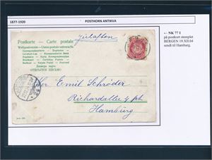 Nk 77 I på postkort stemplet "BERGEN 19 XII 04" til Hamburg, Tyskland