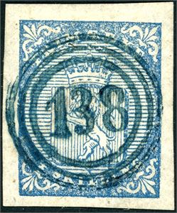 1. 4 skilling våpen 1855, anert med et rettvendt nummerstempel "138" (Inderøen, NT, 5 pkt) i blått. Meget brede marger. Luksus.