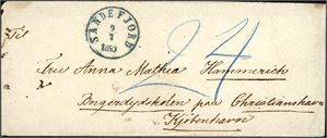 Ufrankert konvolutt, stemplet "Sandefjord 9.7.1859" i blått og sendt til Kjøbenhavn. Satt i porto med 24 sk.R.M. (inntil 1 lod).