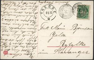 76. 5 øre Posthorn på postkort, anert med 4-rings "113" (Landø, Halsaa og Harmark, VA) og ved siden stemplet "Tregde 8.2.10".