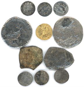 11 coins from the Runde treasure. One Ducat 1724 in gold and 10 in silver. Mixed condition.
