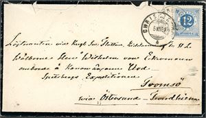 A Swedish 12 øre Ringtyp on envelope, cancelled "Sparreholm 3.7.1882" and sent to Lieutenant and first Officer Wilhelm von Eckermann on board the Swedish gunship "Urd", Tromsø. "Urd" was carrying the Swedish First International Polar Year expedition to Cape Thordsen in Isfjord, Spitsbergen. Transit cds "Christiania 5.7.82" at the front, and on reverse two "Stockholm 3.7.82" and one Swedish railway cds. Little polar postal history known from the First International Polar Year.