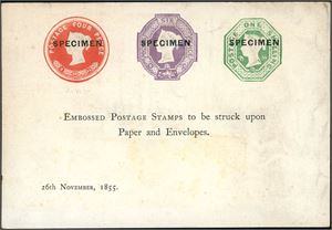 1855 (Nov 26): Postal Notice "Embossed Postage Stamps to be struck upon  Paper and Envelopes" showing 4 d, vermilion (7.12.55), 6 d. mauve (7.12.55) and 1 s. green (7.12.55). In October 1855 the GPO offered to stamp items of Postal Stationer sent to Somerset House with embossed stamps; the initial Dies available were 1 d., 2 d., 4 d., 6 d. and 1 s. To make up different rate amounts the GPO offered composite printings or "Compound Stamping". A fine example of this scarce Notice.