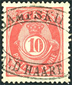 53 II. 10 øre 20 mm anert med et ovalt privat stempel "Dampskibet Harald Haarfagre".