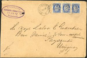 63. 60 øres porto til Uruguay. 20 øre grovtagget fra Centraltrykkeriet på konvolutt, stemplet "Tvedestrand 29.1.97" og sendt til Paysandu. Transittstemplet "Montevideo" samt ankomstsemplet på baksiden.