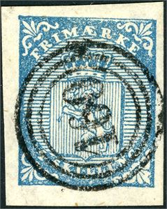 1. 4 skilling Våpen 1855, anert med nummerstempel "160" (Kragerø, TE). Tre gode marger, normal i høyre side.