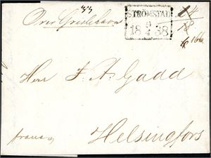 Komplett brev, datert "Bergen 30 Mars 1838" og sendt til Helsingfors, Finland, transittstemplet "Strømstad 9.4.1838" og påskrevet "Over Grislehavn på forsiden.