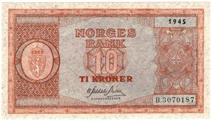 10 kroner 1945 B.3070187. Kv.0