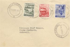 Jernbane Oslo-Eidsvoll T1013 (7 pkt)  1-9-54 på brev med NSB serien.  Flotte avtrykk