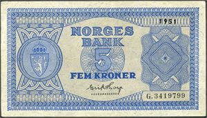 5 kroner 1951, serie G.3419799. 1+