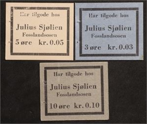 Kredittmerker Julius SjølienNorge03, 5 og 10 øre. Stiftehull
